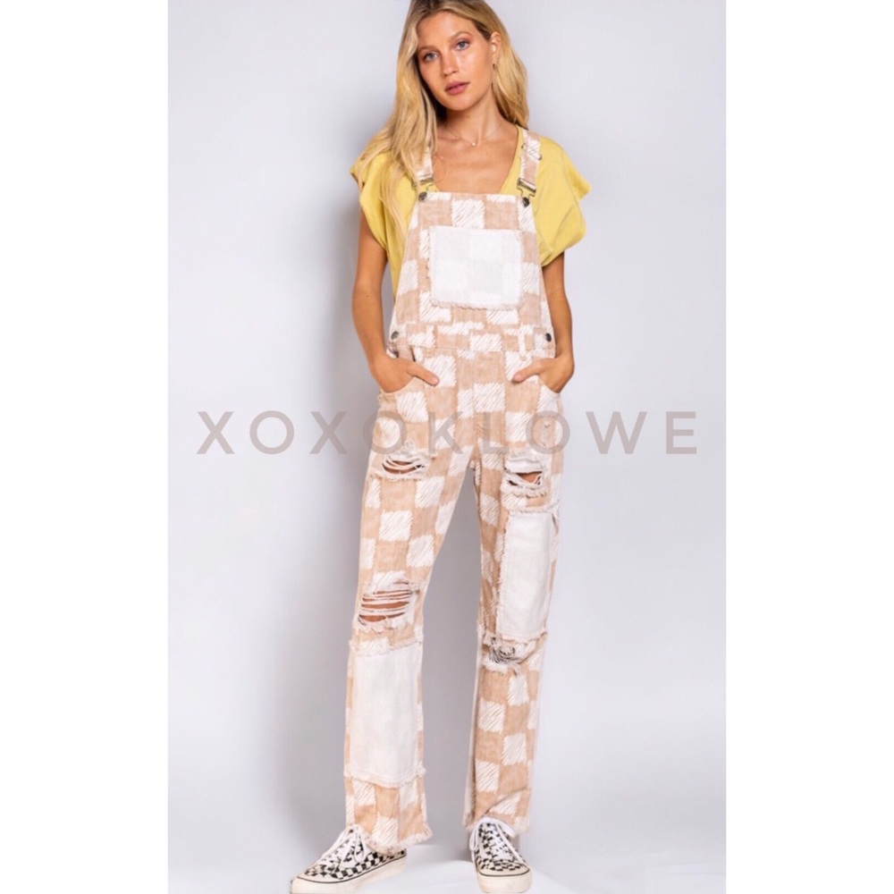 POL Beige & White Checkered Distressed Relaxed Fit Denim Overalls